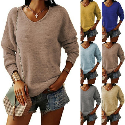 Women's Solid Color V-Neck Pullover - Long Sleeve Casual Loose Knit Sweater Top
