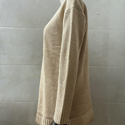 Women's Solid Color V-Neck Pullover - Long Sleeve Casual Loose Knit Sweater Top