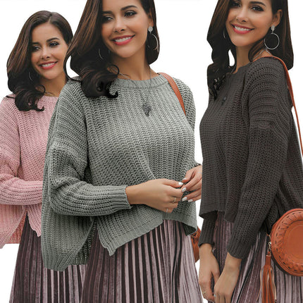 Women's Solid Color Crewneck Sweater - Long Sleeve Slit Button Decorated Sweater