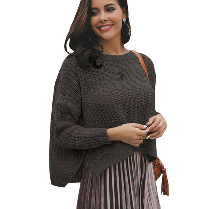 Women's Solid Color Crewneck Sweater - Long Sleeve Slit Button Decorated Sweater