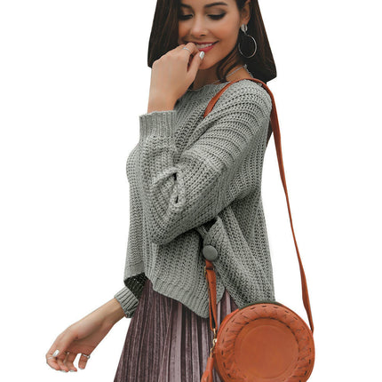 Women's Solid Color Crewneck Sweater - Long Sleeve Slit Button Decorated Sweater