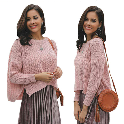 Women's Solid Color Crewneck Sweater - Long Sleeve Slit Button Decorated Sweater