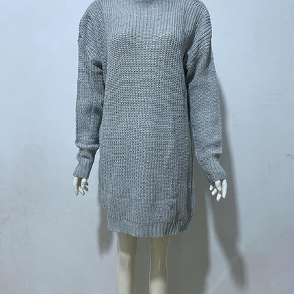 Women's Solid Color Long-sleeved Half-high Collar Pullover Loose Knitted Dress