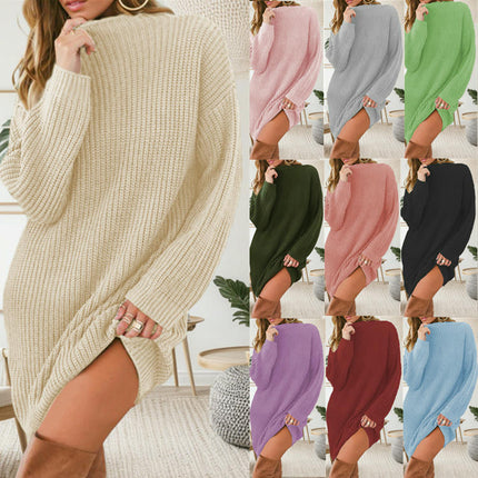 Women's Solid Color Long-sleeved Half-high Collar Pullover Loose Knitted Dress
