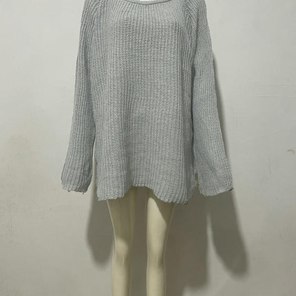 Women's Solid Color Round Neck Pullover Knitted Sweater Loose Bell Sleeve Top
