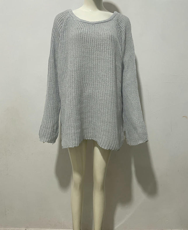 Women's Solid Color Round Neck Pullover Knitted Sweater Loose Bell Sleeve Top