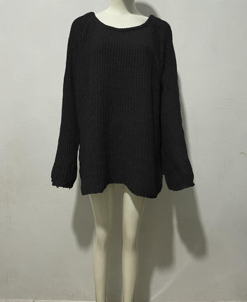 Women's Solid Color Round Neck Pullover Knitted Sweater Loose Bell Sleeve Top
