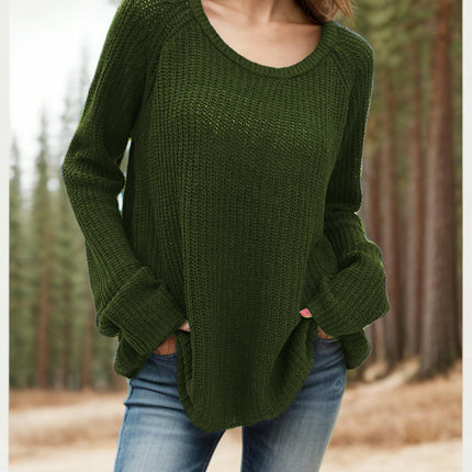Women's Solid Color Round Neck Pullover Knitted Sweater Loose Bell Sleeve Top