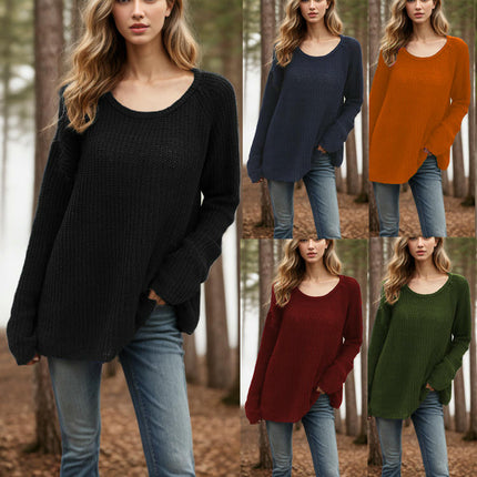 Women's Solid Color Round Neck Pullover Knitted Sweater Loose Bell Sleeve Top