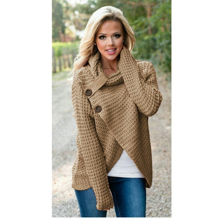 Women's Chunky Knit Sweater - Scarf Collar Long Sleeve Button Casual Sweater Top