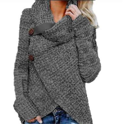 Women's Chunky Knit Sweater - Scarf Collar Long Sleeve Button Casual Sweater Top