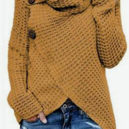 Women's Chunky Knit Sweater - Scarf Collar Long Sleeve Button Casual Sweater Top