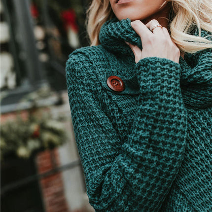 Women's Chunky Knit Sweater - Scarf Collar Long Sleeve Button Casual Sweater Top