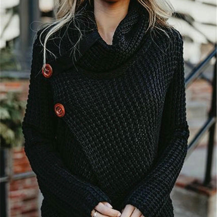 Women's Chunky Knit Sweater - Scarf Collar Long Sleeve Button Casual Sweater Top