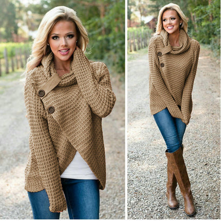 Women's Chunky Knit Sweater - Scarf Collar Long Sleeve Button Casual Sweater Top