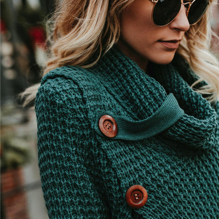 Women's Chunky Knit Sweater - Scarf Collar Long Sleeve Button Casual Sweater Top