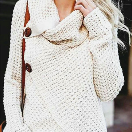 Women's Chunky Knit Sweater - Scarf Collar Long Sleeve Button Casual Sweater Top
