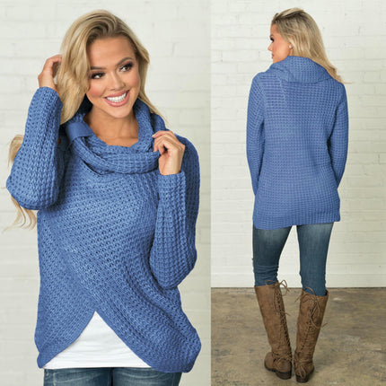 Women's Chunky Knit Sweater - Scarf Collar Long Sleeve Button Casual Sweater Top
