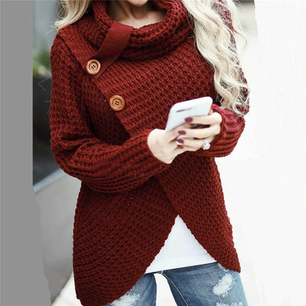 Women's Chunky Knit Sweater - Scarf Collar Long Sleeve Button Casual Sweater Top