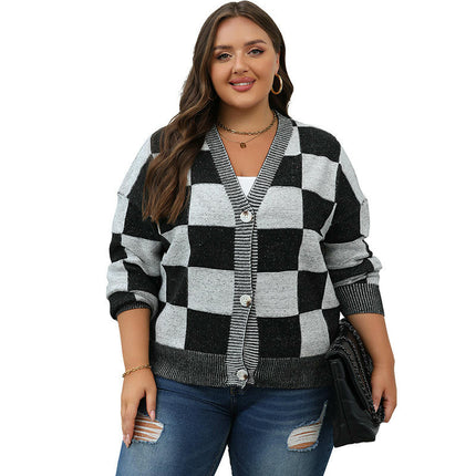 Women's Plaid Contrast Color Knit Cardigan Long Sleeve V-Neck Button Jacket