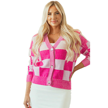 Women's Plaid Contrast Color Knit Cardigan Long Sleeve V-Neck Button Jacket