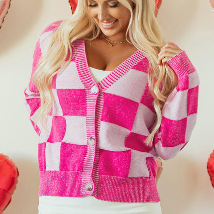 Women's Plaid Contrast Color Knit Cardigan Long Sleeve V-Neck Button Jacket