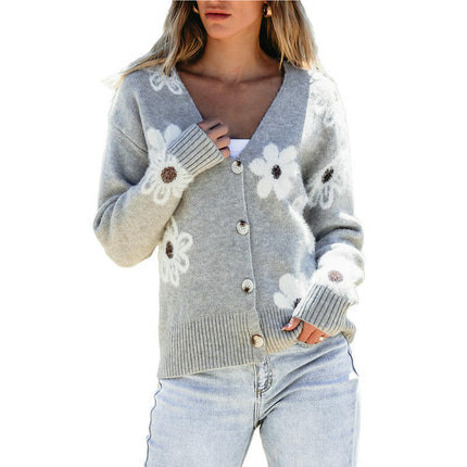 Floral Print Slim Fit Knit Cardigan Women's Long Sleeve V Neck Button Sweater