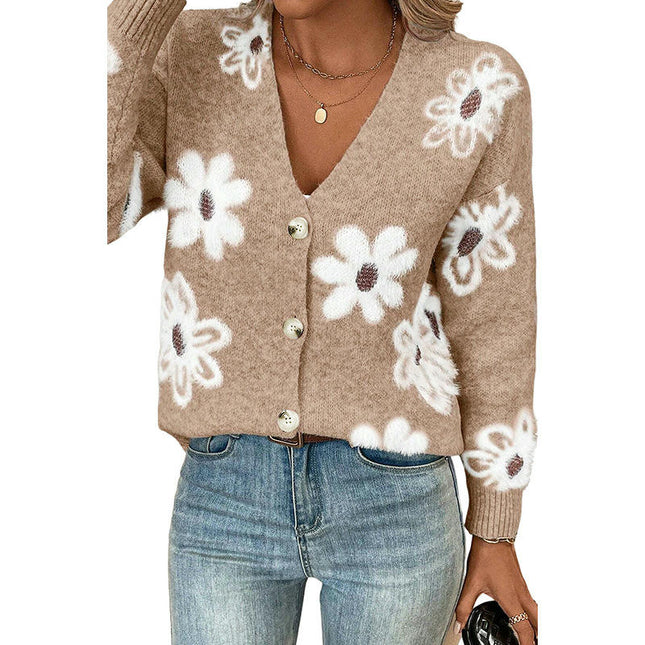 Floral Print Slim Fit Knit Cardigan Women's Long Sleeve V Neck Button Sweater