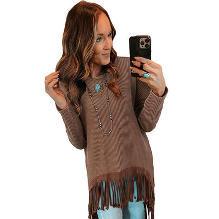 Women's Tassel Hem Long Sleeve Top Fashion Long Sleeve Round Neck Sweater
