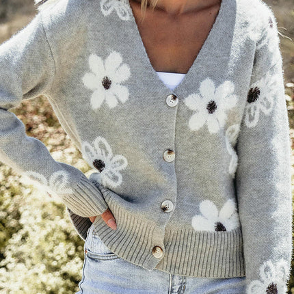 Floral Print Slim Fit Knit Cardigan Women's Long Sleeve V Neck Button Sweater