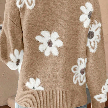 Floral Print Slim Fit Knit Cardigan Women's Long Sleeve V Neck Button Sweater