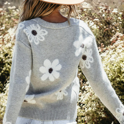 Floral Print Slim Fit Knit Cardigan Women's Long Sleeve V Neck Button Sweater