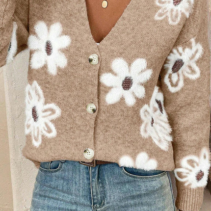 Floral Print Slim Fit Knit Cardigan Women's Long Sleeve V Neck Button Sweater