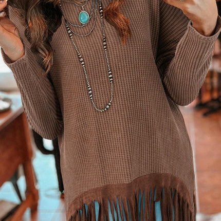 Women's Tassel Hem Long Sleeve Top Fashion Long Sleeve Round Neck Sweater