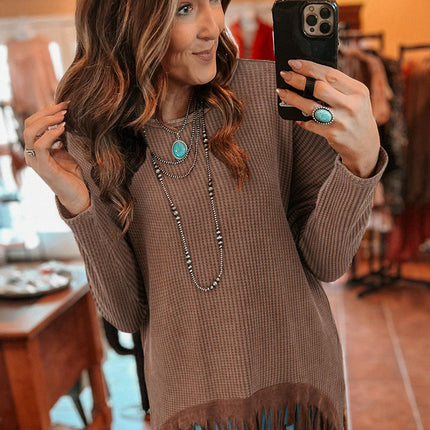 Women's Tassel Hem Long Sleeve Top Fashion Long Sleeve Round Neck Sweater
