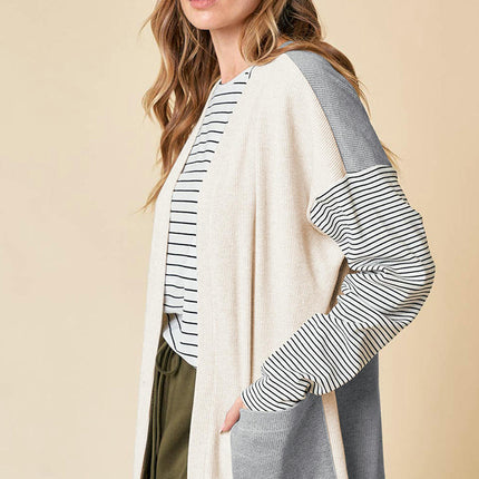 Women's Casual Colorblock Striped Cardigan Long Sleeve Pocket Knit Cardigan