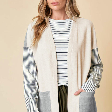 Women's Casual Colorblock Striped Cardigan Long Sleeve Pocket Knit Cardigan