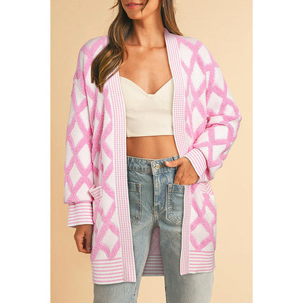 Women's Casual Diamond Colorblock Cardigan Long Sleeve Pocket Knit Cardigan