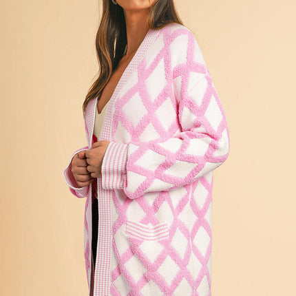 Women's Casual Diamond Colorblock Cardigan Long Sleeve Pocket Knit Cardigan