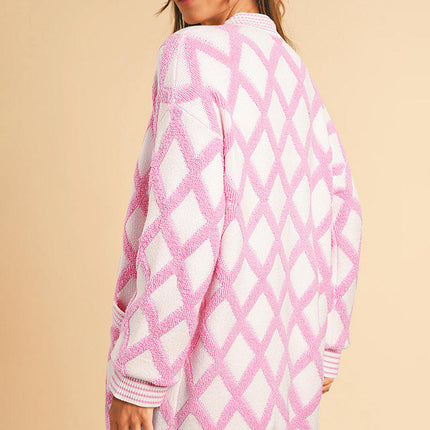 Women's Casual Diamond Colorblock Cardigan Long Sleeve Pocket Knit Cardigan