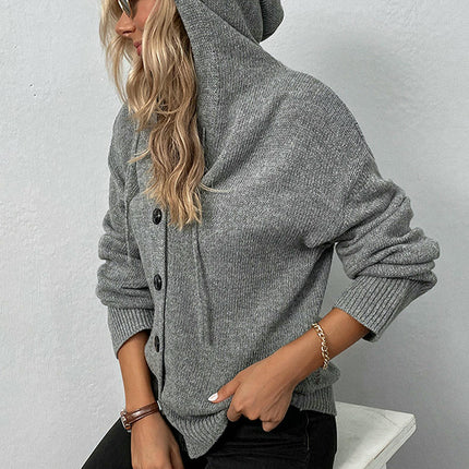Women's Solid Color Hooded Cardigan Long Sleeve Casual Button Knit Cardigan
