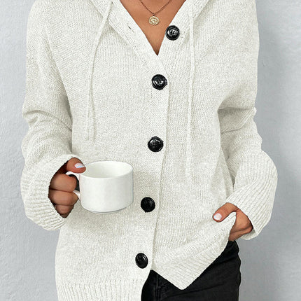 Women's Solid Color Hooded Cardigan Long Sleeve Casual Button Knit Cardigan