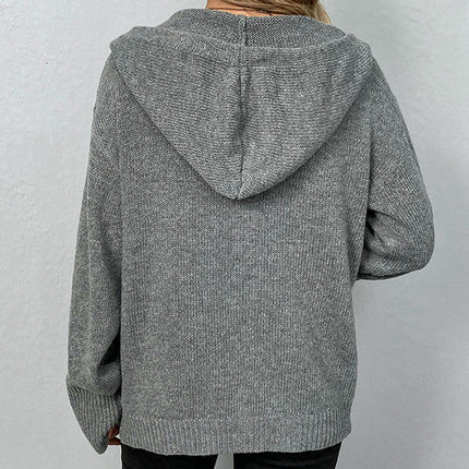 Women's Solid Color Hooded Cardigan Long Sleeve Casual Button Knit Cardigan
