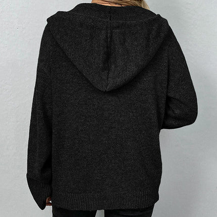 Women's Solid Color Hooded Cardigan Long Sleeve Casual Button Knit Cardigan