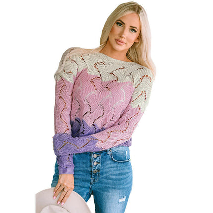 Women's Round Neck Color Block Top Loose Long Sleeve Hollow Knit Sweater