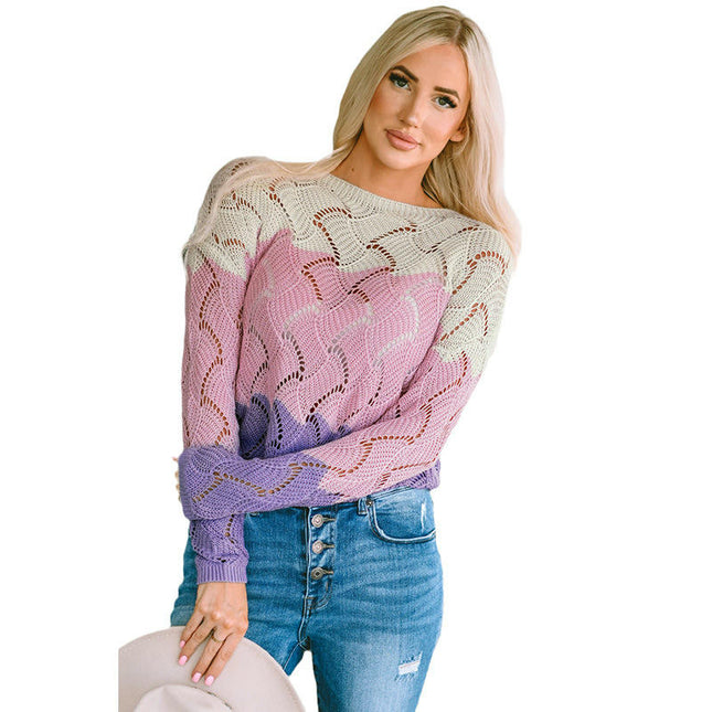 Women's Round Neck Color Block Top Loose Long Sleeve Hollow Knit Sweater