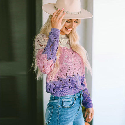 Women's Round Neck Color Block Top Loose Long Sleeve Hollow Knit Sweater