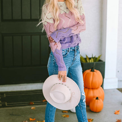 Women's Round Neck Color Block Top Loose Long Sleeve Hollow Knit Sweater