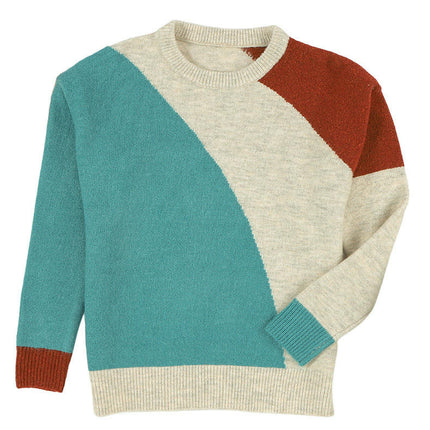 Women's Colorblock Round Neck Pullover Loose Long Sleeve Knitted Sweater