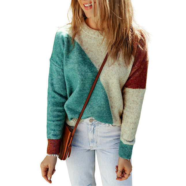 Women's Colorblock Round Neck Pullover Loose Long Sleeve Knitted Sweater
